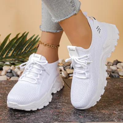 Women Fashion Casual Fly-Woven Breathable Lace-Up Thick Soled Sneaker