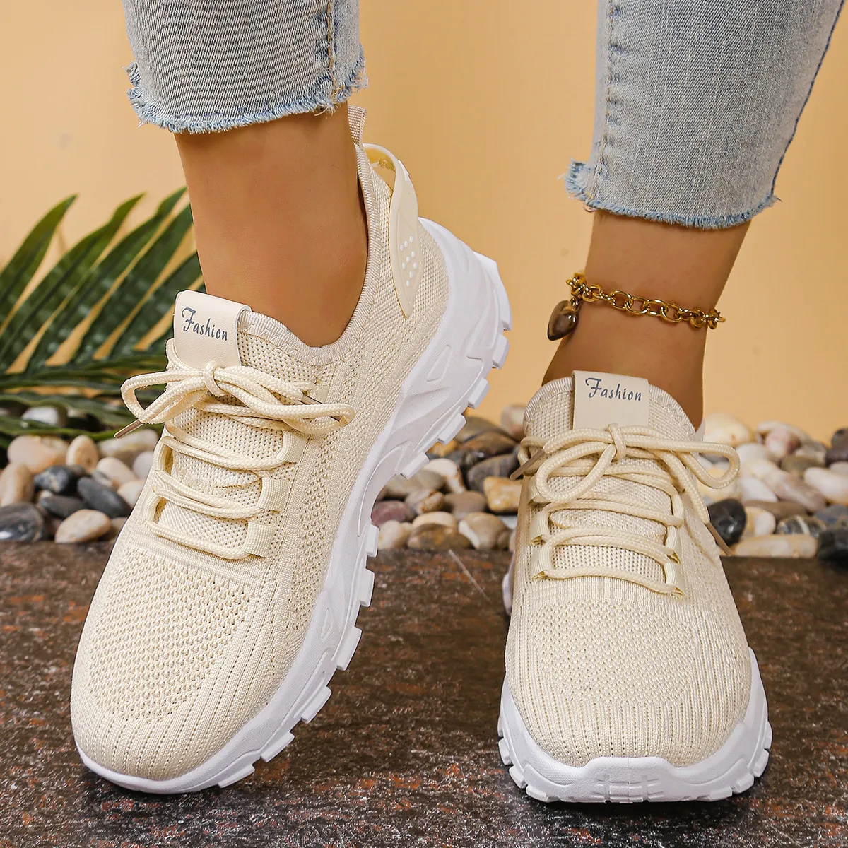 Women Fashion Casual Fly-Woven Breathable Lace-Up Thick Soled Sneaker