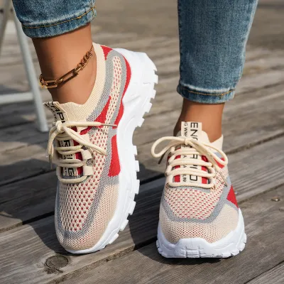 Women Fashion Casual Contrast Color Fly-Woven Breathable Thick Soled Sneakers