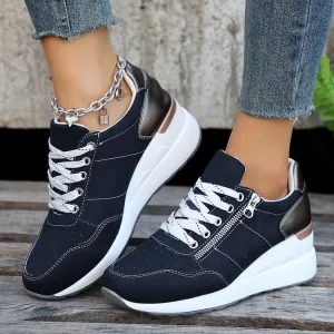Women's Casual Solid Color Lace Up Platform Sneakers Low Top Rubber Sole