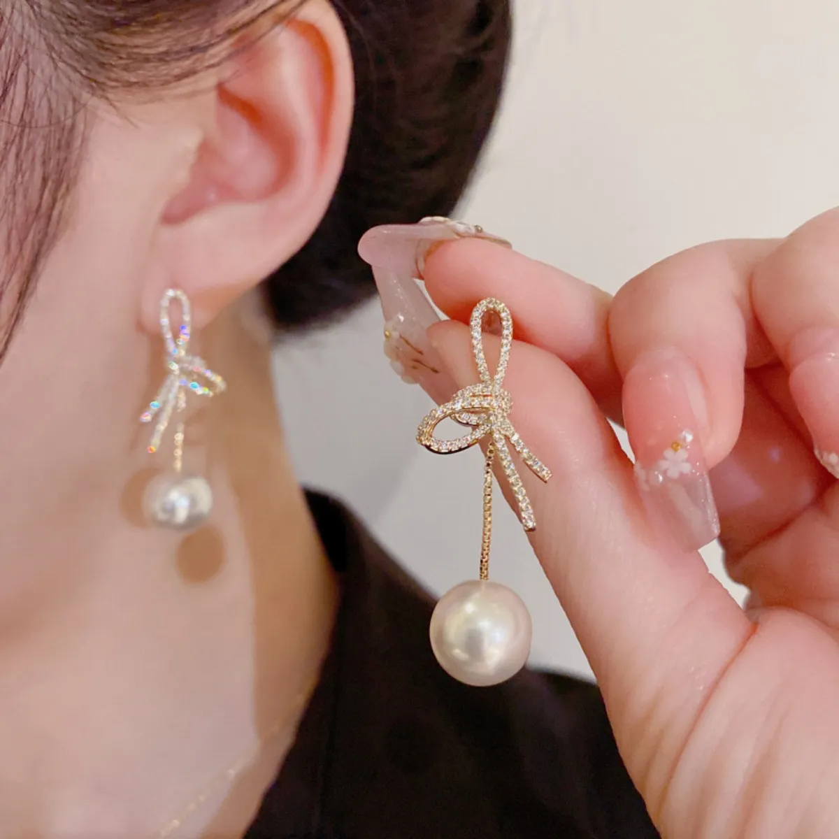 Rhinestone Pearl Bow Earrings Fashion Jewelry