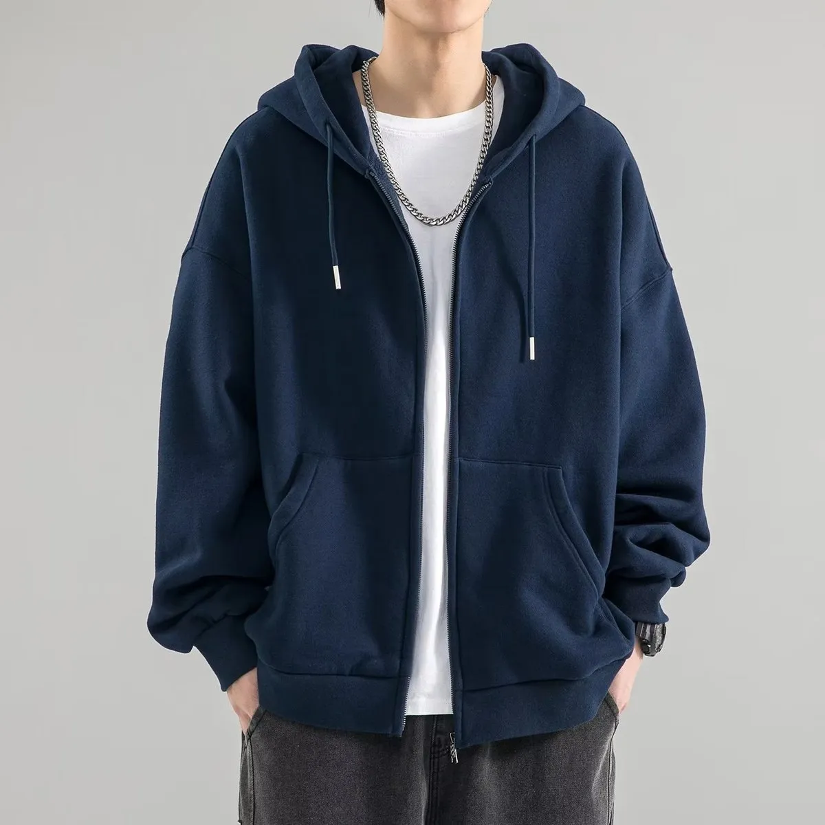 Men Fashion Casual Solid Color Autumn And Winter Long Sleeve Zipper Hoodie