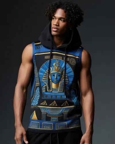 Men Fashion Casual 3D Digital Print Sleeveless Hoodie Loose Fit Polyester
