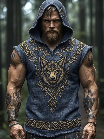 Men Fashion Casual 3D Digital Print Sleeveless Hoodie Loose Fit Polyester