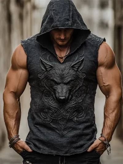 Men Fashion Casual 3D Digital Print Sleeveless Hoodie Loose Fit Polyester