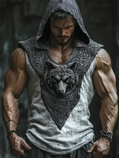 Men Fashion Casual 3D Digital Print Sleeveless Hoodie Loose Fit Polyester