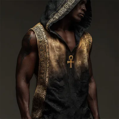 Men Fashion Casual 3D Digital Print Sleeveless Hoodie Loose Fit Polyester