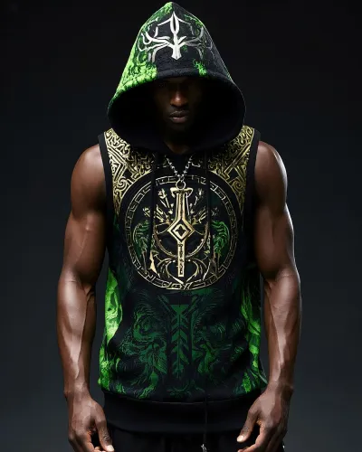 Men Fashion Casual 3D Digital Print Sleeveless Hoodie Loose Fit Polyester
