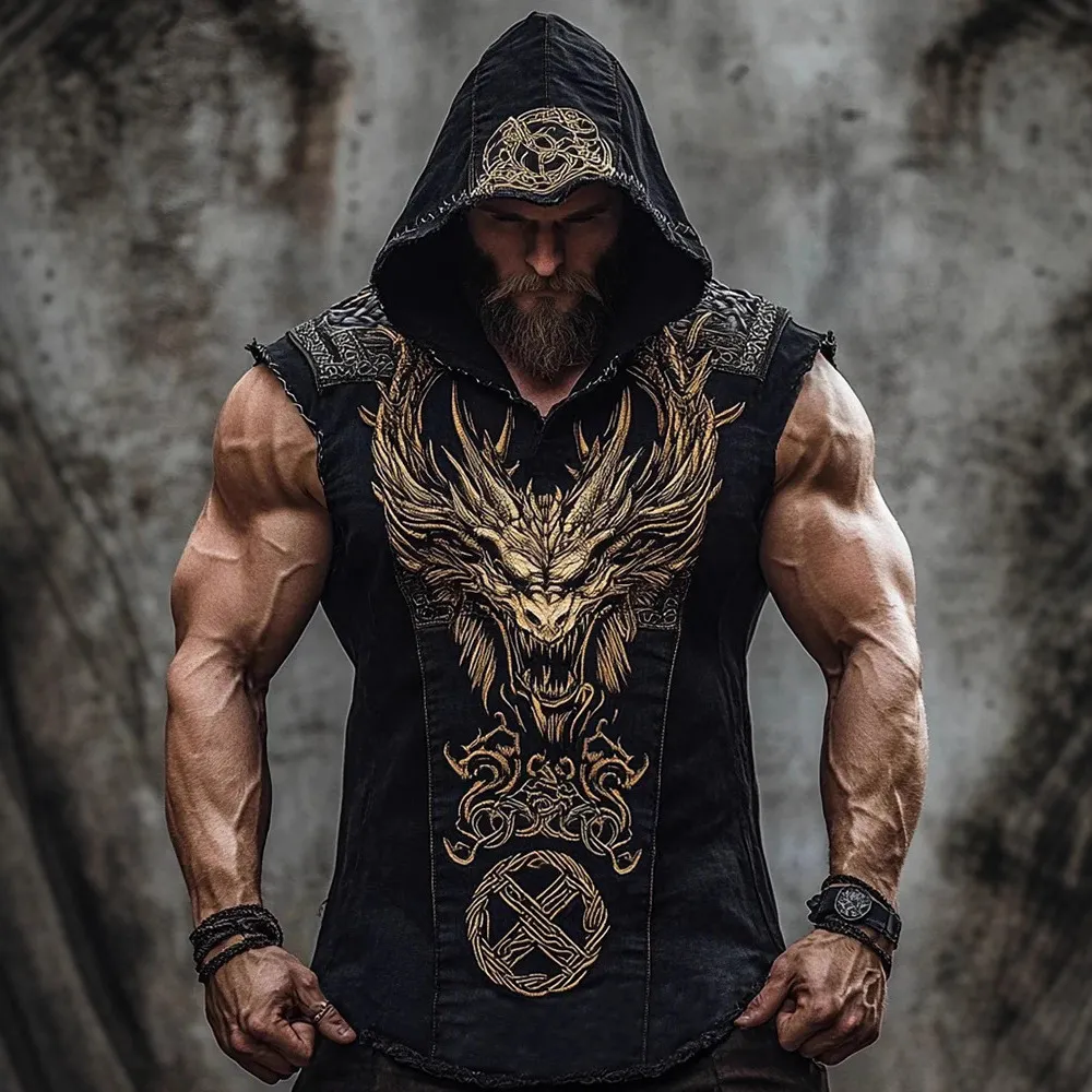 Men Fashion Casual 3D Digital Print Sleeveless Hoodie Loose Fit Polyester