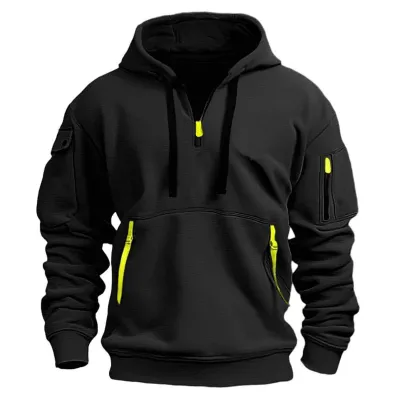 Men Casual Zipper Multi-Pocket Hoodies Long Sleeve Loose Fit Solid Color