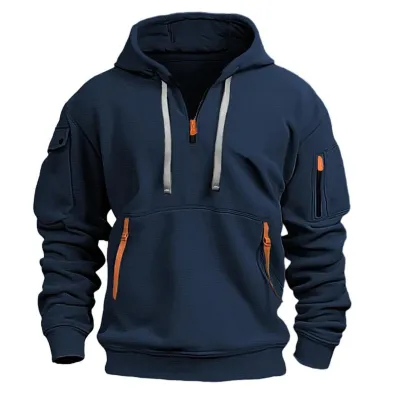 Men Casual Zipper Multi-Pocket Hoodies Long Sleeve Loose Fit Solid Color