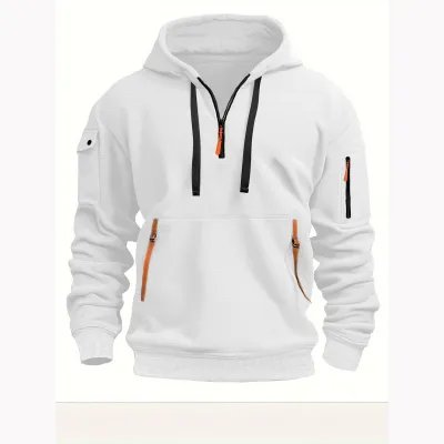 Men Casual Zipper Multi-Pocket Hoodies Long Sleeve Loose Fit Solid Color