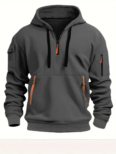 Men Casual Zipper Multi-Pocket Hoodies Long Sleeve Loose Fit Solid Color
