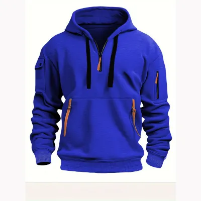 Men Casual Zipper Multi-Pocket Hoodies Long Sleeve Loose Fit Solid Color