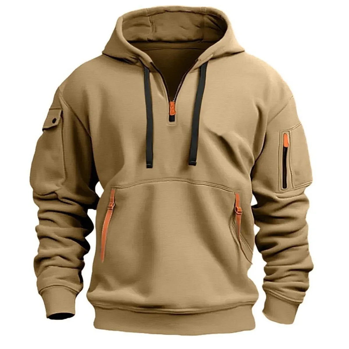 Men Casual Zipper Multi-Pocket Hoodies Long Sleeve Loose Fit Solid Color