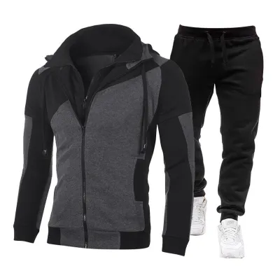 Men Casual Color Block Long-Sleeve Hoodie and Jogger Pants Two-Piece Set for Autumn Winter
