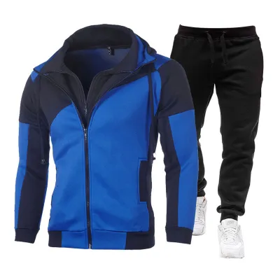 Men Casual Color Block Long-Sleeve Hoodie and Jogger Pants Two-Piece Set for Autumn Winter