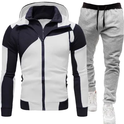 Men Casual Color Block Long-Sleeve Hoodie and Jogger Pants Two-Piece Set for Autumn Winter