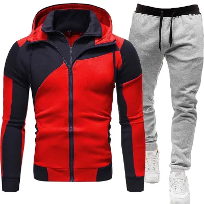 Men Casual Color Block Long-Sleeve Hoodie and Jogger Pants Two-Piece Set for Autumn Winter