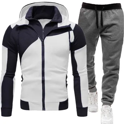 Men Casual Color Block Long-Sleeve Hoodie and Jogger Pants Two-Piece Set for Autumn Winter