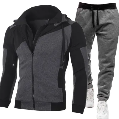 Men Casual Color Block Long-Sleeve Hoodie and Jogger Pants Two-Piece Set for Autumn Winter