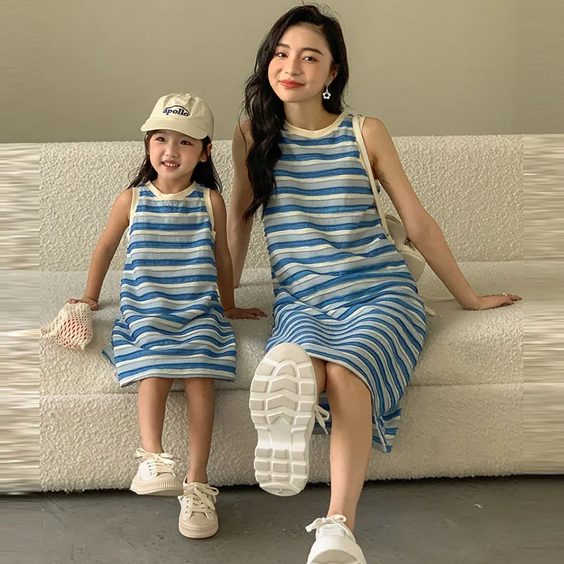 Mother Daughter Family Matching Summer Stripe Dress for Women Girls