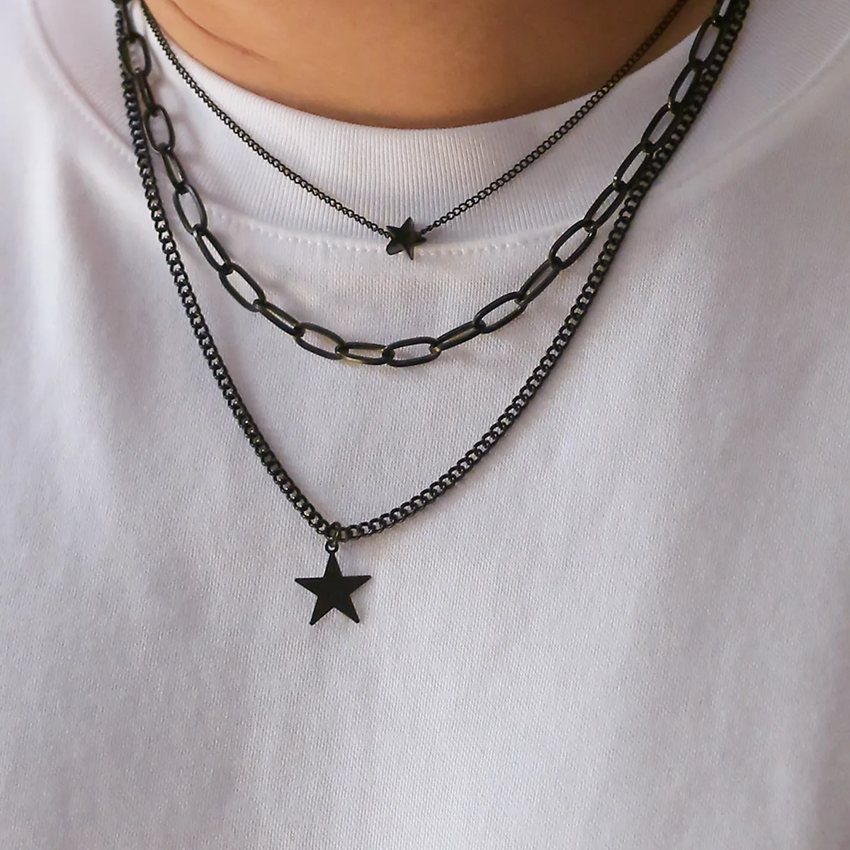 Men's Fashion Multi Layer Cross Chain Star Pendant Necklace