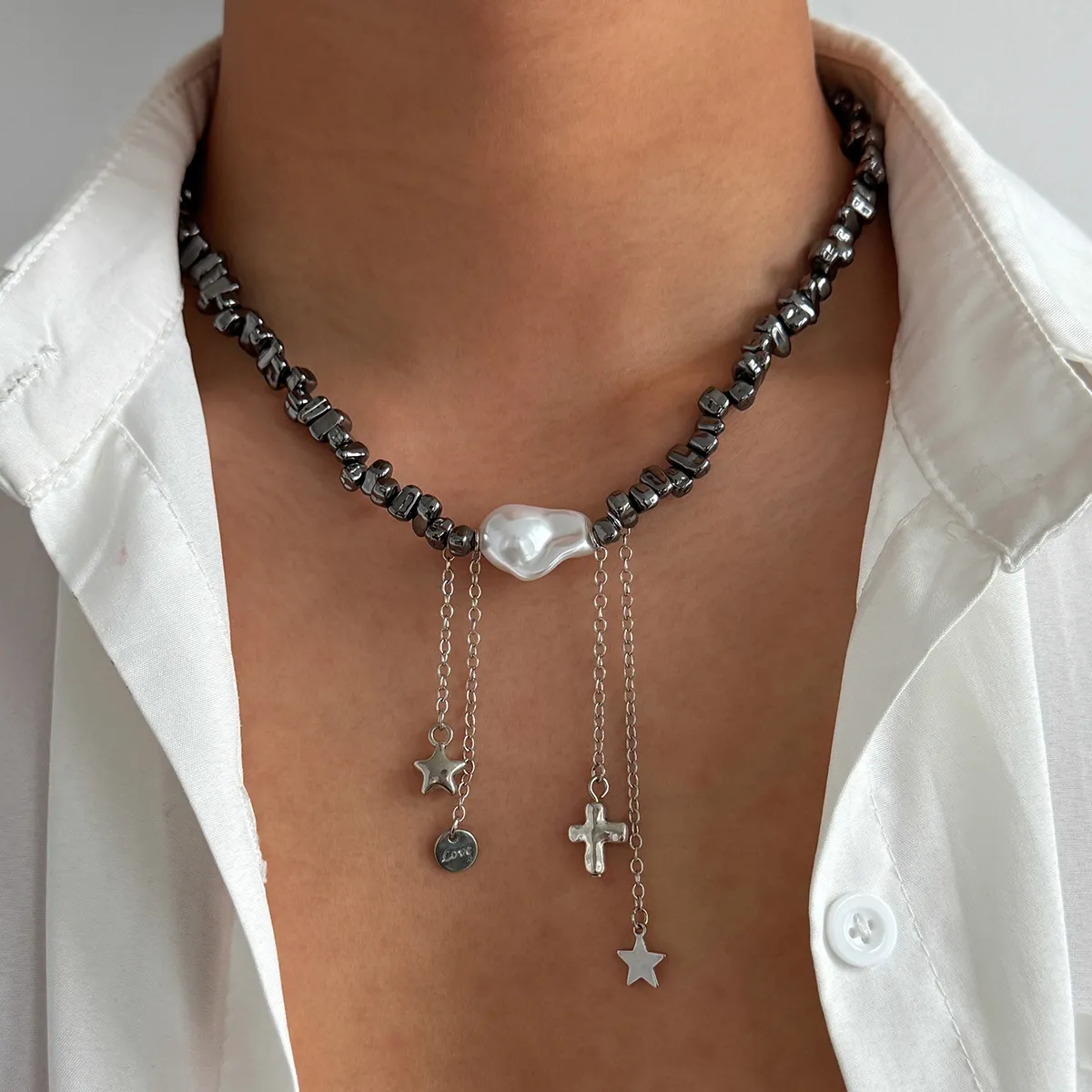 Men's Fashion Casual Baroque Star Tassel Beaded Imitation Pearl Alloy Necklace