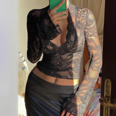 Women Fashion Sexy Solid Color Lace Deep V Long Sleeve Crop Top