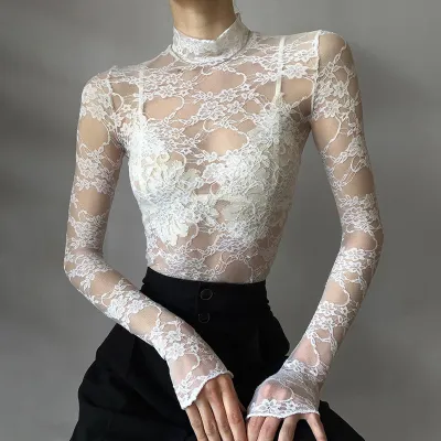 Women Fashion Sexy Solid Color Lace Perspective Long Sleeve T-Shirt