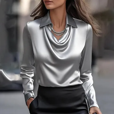 Women Elegant Swing Collar Long-Sleeve Blouse