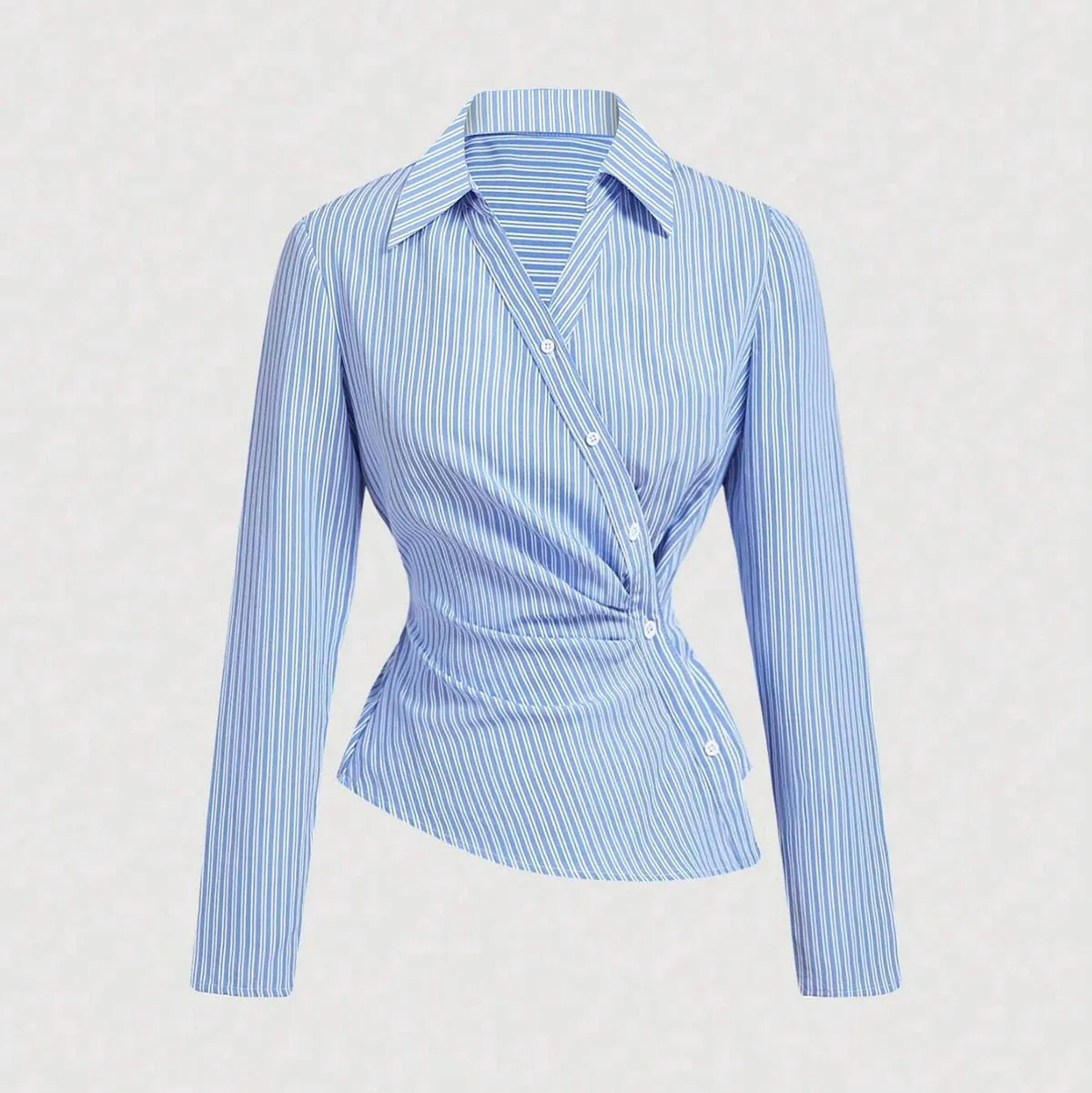 Women Casual Vertical Stripe Asymmetric Lapel Long Sleeve Blouse