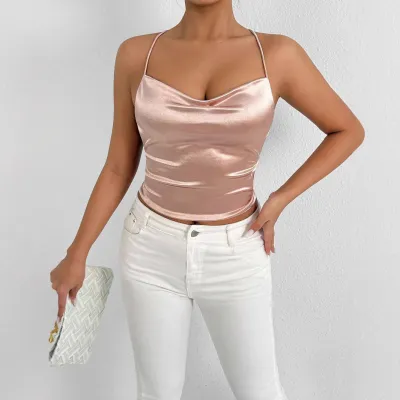 Women Fashion Sexy Solid Color Backless Lace-Up Camisole