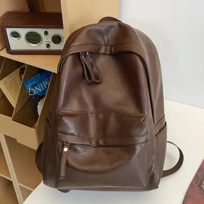 Men Women Retro PU Leather Schoolbag College Students Commuter Travel Backpack 14inch