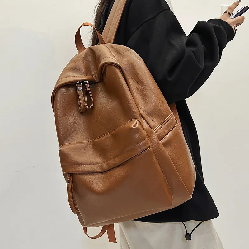 Men Women Retro PU Leather Schoolbag College Students Commuter Travel Backpack 14inch