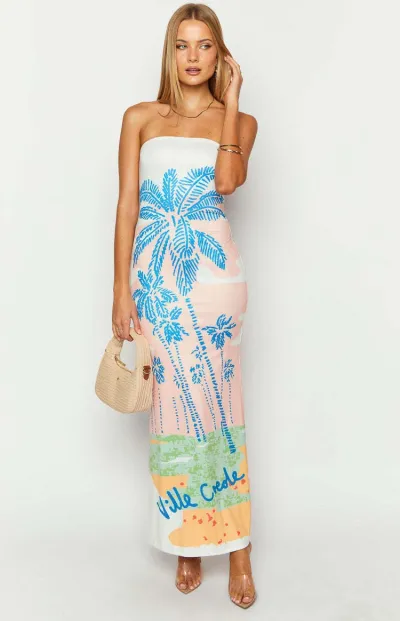 Women Fashion Sexy Hanging Print Tube Top Bodycon Maxi Dress