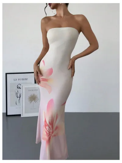 Women Fashion Sexy Hanging Print Tube Top Bodycon Maxi Dress