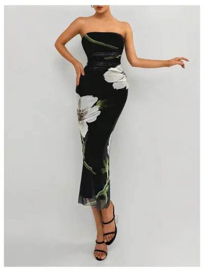 Women Fashion Sexy Hanging Print Tube Top Bodycon Maxi Dress