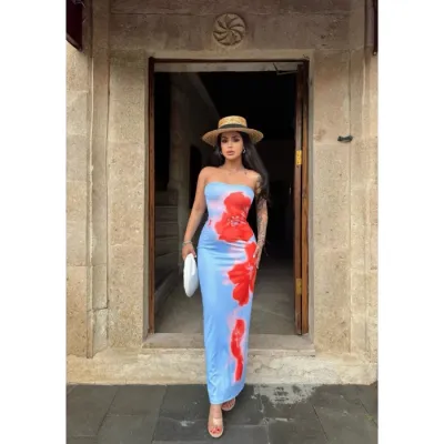 Women Fashion Sexy Hanging Print Tube Top Bodycon Maxi Dress