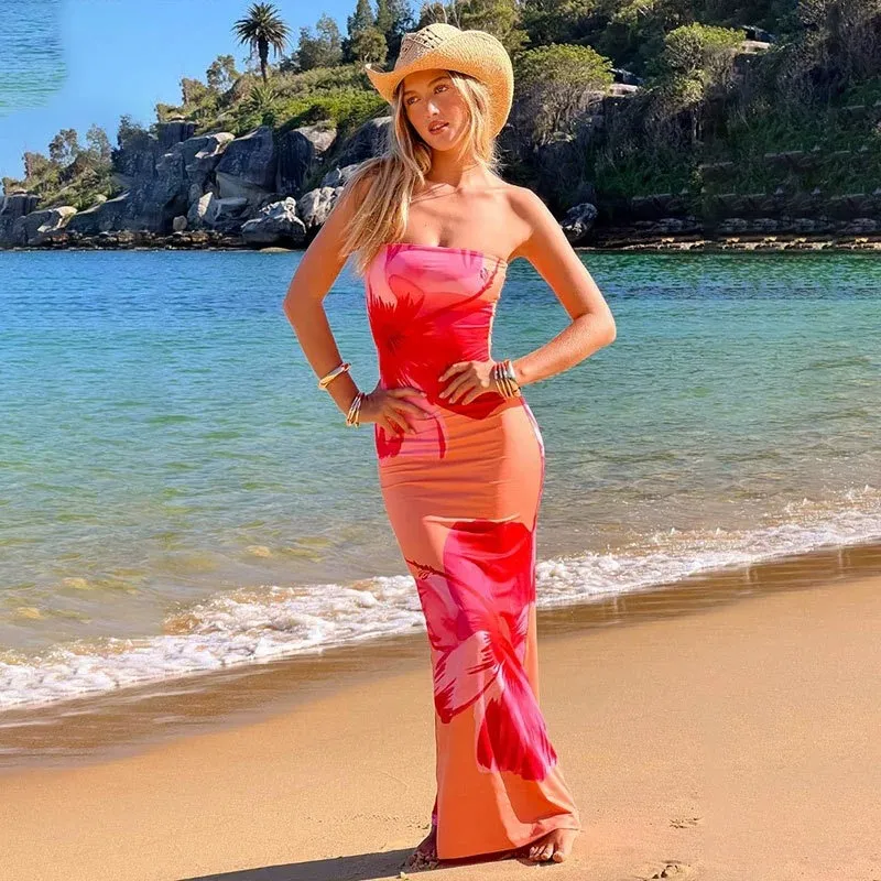 Women Fashion Sexy Hanging Print Tube Top Bodycon Maxi Dress