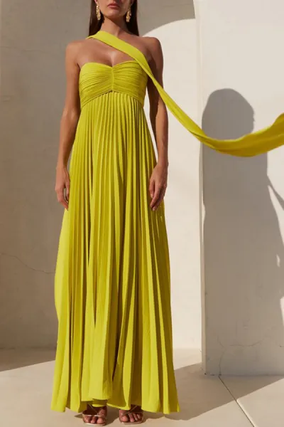 Women Fashion Solid Color Strapless Pleated Maxi Dress