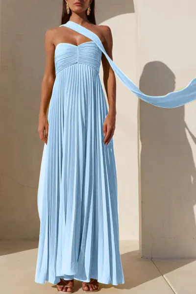 Women Fashion Solid Color Strapless Pleated Maxi Dress