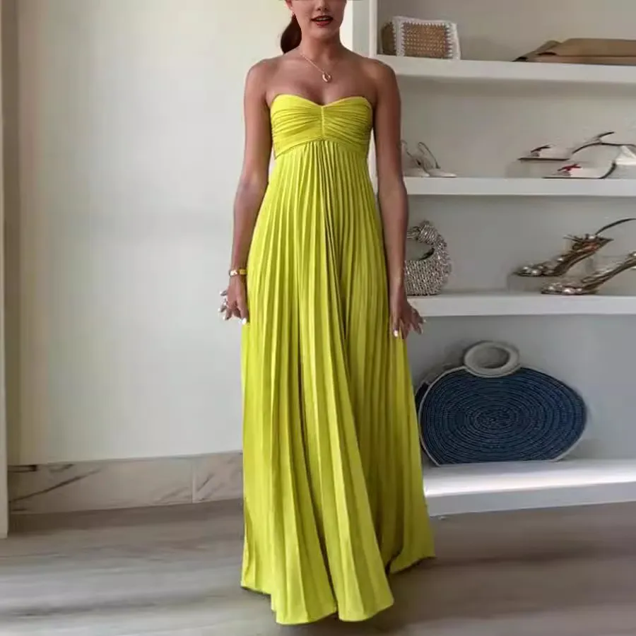 Women Fashion Solid Color Strapless Pleated Maxi Dress