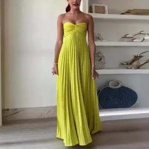 Women Fashion Solid Color Strapless Pleated Maxi Dress