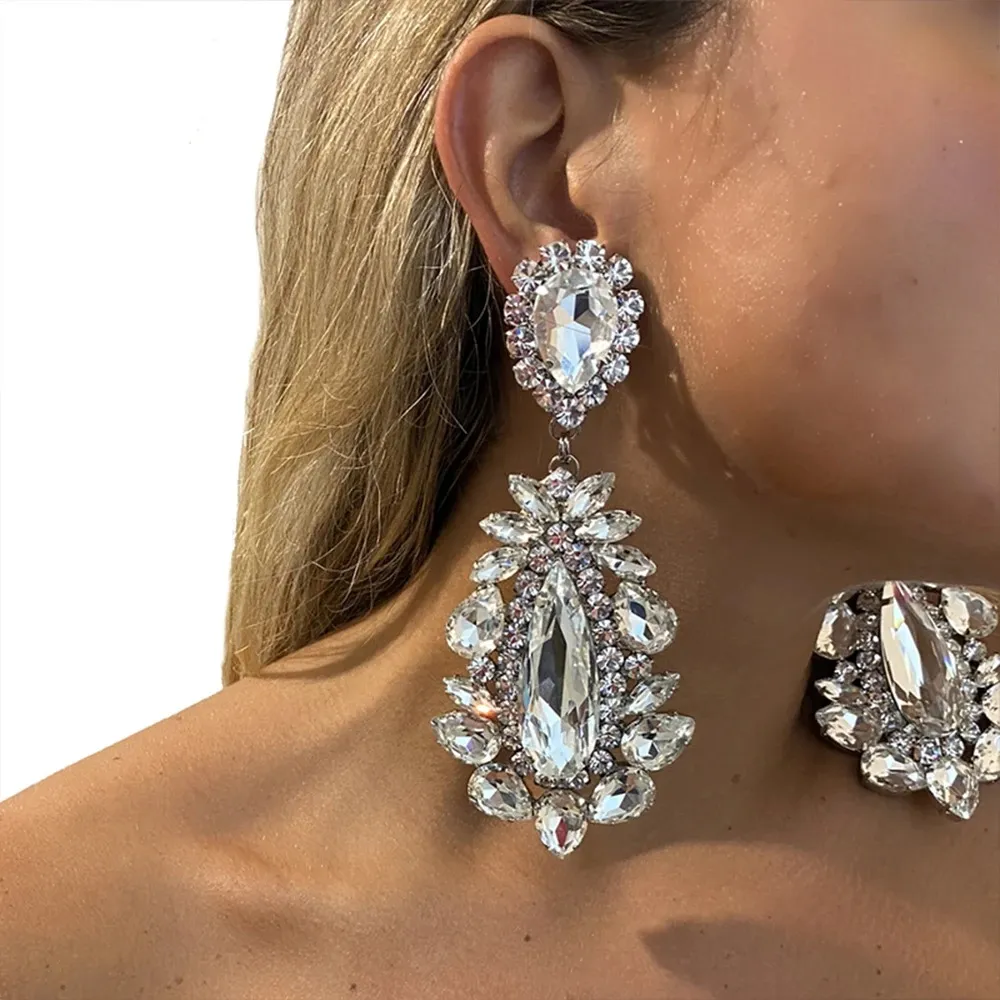 Women Fashion Geometric Rhinestone Drop Earrings