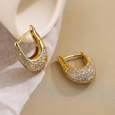 Women Fashion Rhinestone Water Drop U-Shaped Earrings
