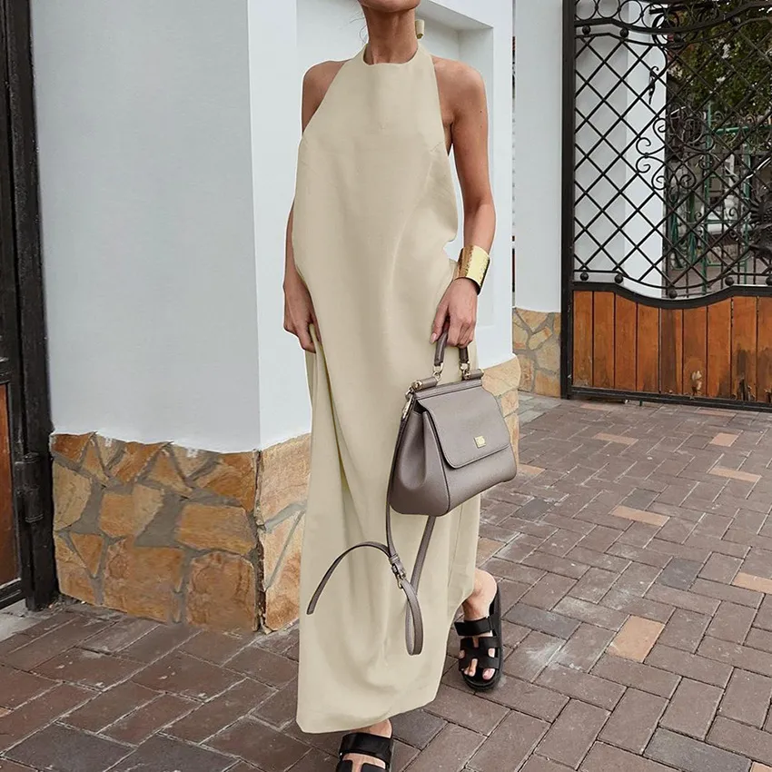 Women Casual Hanging Neck Cotton Linen Maxi Dress