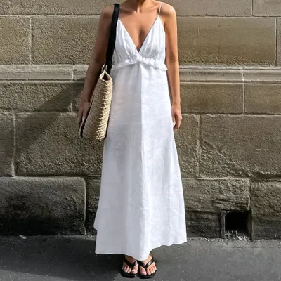 Women Casual Solid Color Cotton Linen V-Neck Ruffled Loose Maxi Dress