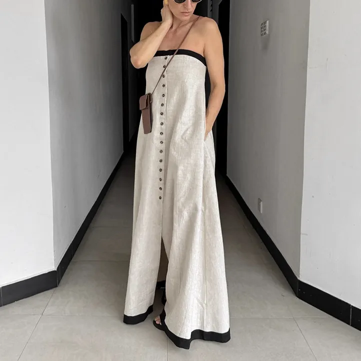 Women Casual Stitching Contrast Single-Breasted Strapless Maxi Dress