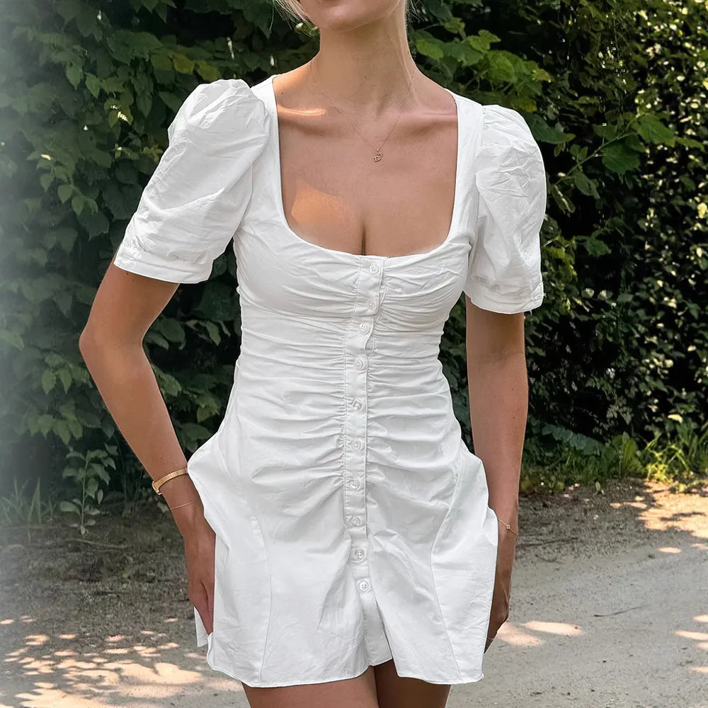 Women Fashion Solid Color Cotton Single-Breasted Dress